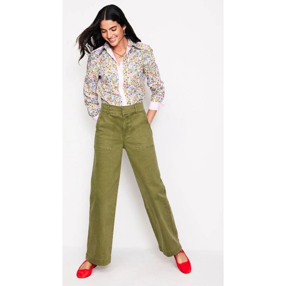 Boden Wide Leg Cargo Trousers Olive Green High Rise Utility Pant US 12